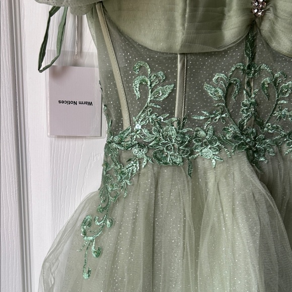 Sage Green Tulle Party Dress with Puff Sleeves - Picture 8 of 10